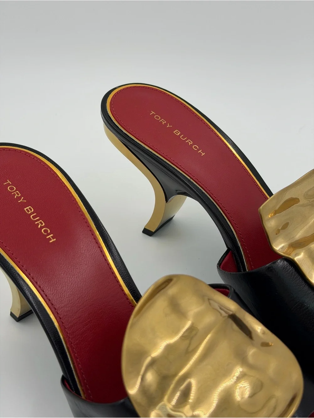 Tory Burch Patos Mismatch Heel Sandals – Black/Red/Gold – Size 8 – New in Box